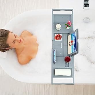 Premium Bamboo Bath Tray Caddy – Extendable Bath Caddy Tray, Wine Glass Holder, Device (Tablet, Kindle, iPad, Smart Phone) Tray for a Home-Spa Experience – Fits Most Bath Sizes
