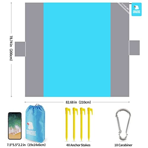 COVACURE Beach Blanket Beach Mat with 3 Zipper Pockets, Extra Large 210 x 200cm Water Resistant Sand Proof Picnic Blanket for Beach, Camping, Hiking, Picnic (Blue)