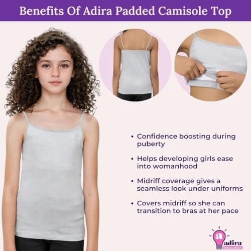 Adira | Cotton Camisole for Beginners | Beginners Cami for Puberty | Flat Padding for Nipple Coverage | Confidence for School & Home | Soft Stretchy Cotton | Pack of 3