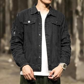 Rexcyril Men's Distressed Denim Jacket Casual Ripped Holes Button Down Trucker Jacket Jean Coat