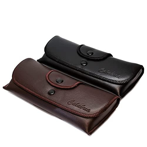 Calabria Double Snap Belt Loop Eyeglass Case PU Leather Black Brown 2Pack Vintage Eye Glasses Pouch SemiHard Sunglass Holder