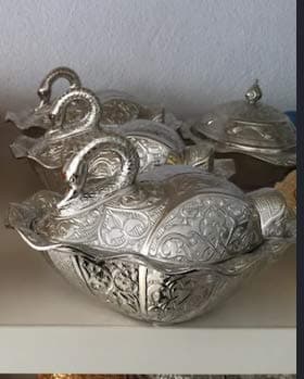 Swan Shaped Engraved Big Size Brass Sugar Turkish Delight Candy Chocolate Serving Dish Pot Bowl - 2 units Silver Tea Spoon Gift