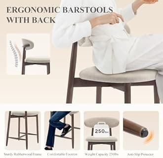 COLAMY Counter Height Bar Stools Set of 3, Kitchen Bar Stools with Back, Mid Century Modern Upholstered, with Wood Legs for Kitchen Island Dining Room Bar, Beige