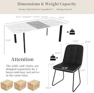 Extendable Dining Table Set for 6-8 People, 63 to 78.7 Inch MDF Kitchen Table with 6 Upholstered Chairs, Space-Saving for Dining Room, Breakfast Nook (White Table & 6 Black U-Shaped Chairs)