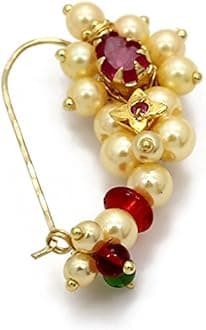 MEENAZ Jewellery Traditional Maharashtrian Nath Nose Rings White Ruby Gold Stone Nath Gold Pearl Bead for Women Girl- Nose Ring-112