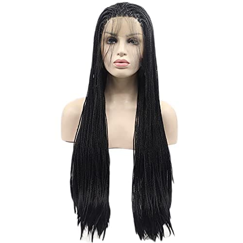 1b# Black Micro Braiding Synthetic Lace Front Wigs with Baby Hair 260% Density Natural Box Braided Replacement Wig Heat Resistant Fiber Hair for Woman