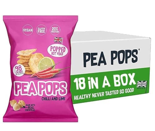 Food Factor Pea Pops Healthy Protein Chips - Delicious Chikpea Crisps 20% Protein Less Fat, Low Calorie, Gluten Free, Vegan Protein Snacks, Popped (Not Fried) 23g (Chilli & Lime, Pack of 18)
