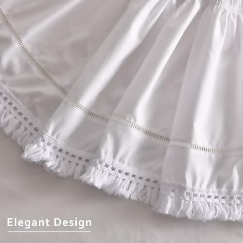 MIYE Wrap Around Ruffled Lace Bed Skirt, Elastic Dust Ruffle with Adjustable Belts, Easy to Put On, Bed Frame Cover, Machine Washable (Tassel Ruffle/White, King/Queen-12.5" Drop)