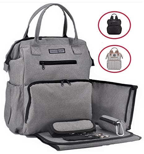 Rascal Gear Grey Baby Diaper Bag Backpack, Tote, Shoulder or Cross Body with Insulated Bottle Pockets, Stroller Straps, Changing Pad, Wet Bag; Machine Washable; Multipurpose; Waterproof;