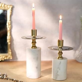 Marble Candle Stand, Set of 2, Taper Candle Holders for Home Decor, Dining Table Decor, Round Pillar Candlestick Holder, White Decorative Candle Stands for Home Decor, Christmas Decor