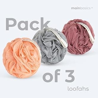MainBasics Bath Shower Loofah Sponge Pouf Body Scrubber Exfoliator (Set of 3)