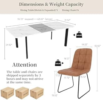 HIPIHOM Extendable Dining Table Set for 6-8 People, 63 to 78.7 Inch MDF Kitchen Table with 6 Upholstered Chairs, Space-Saving for Dining Room, Breakfast Nook (White Table & 6 Brown U-Shaped Chairs)