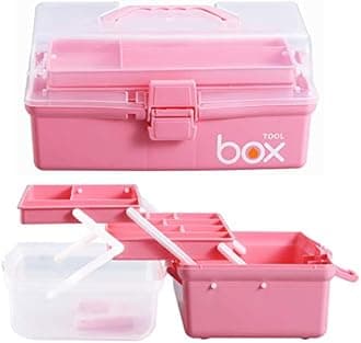 12'' Three-Layer Clear Plastic Storage Box/Tool Box, Multipurpose Organizer and Portable Handled Storage Case for Art Craft and Cosmetic (Pink)