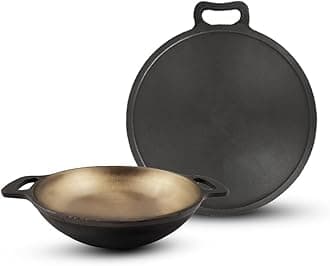 The Indus Valley Super Smooth Cast Iron Cookware Set | Kadai (25.4 Cm/2.5L) + Tawa (27.9 Cm) | Kitchen Cooking Combo Pots And Pans Set Of 2Pcs | Naturally Nonstick, Black