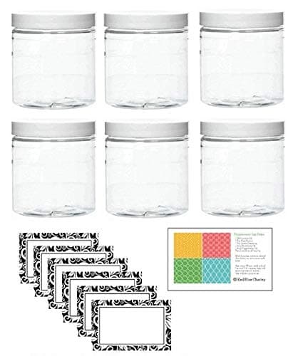 Clear 8 oz PET Plastic Round Jars with White Lids, with Labels, 6 Pack (C8WL6)
