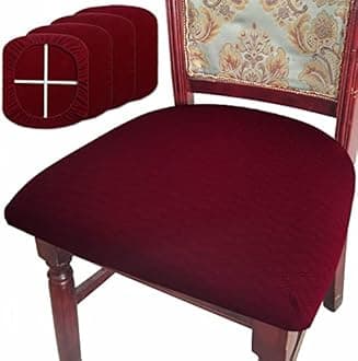 BUYUE Dining Room Chair Seat Covers Set of 4, TPU not Mixed, Friendly Jacquard Fabric Stretch Washable Slipcover for Kitchen Seat Cushions, Burgundy-4PCS