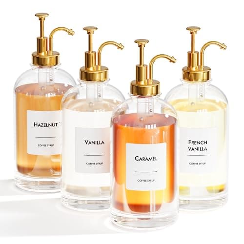 16.9 oz (500 ml) Coffee Syrup Dispenser Set- 4 Glass Bottles with Gold Pumper and Syrup Labels - Precise Dispensing and Stylish Addition to Coffee Shop, Cafe or Home Bar