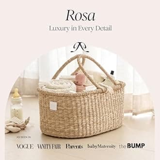 BEBE BASK Baby Diaper Caddy Organizer - Boho Style - Handmade Organic Seagrass Basket - Cute Diaper Caddy for Baby Girl & Boy - Nursery Basket