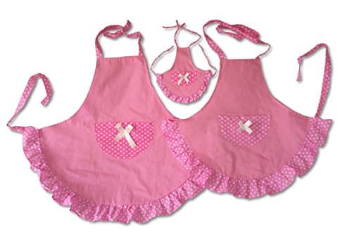 3 Piece Bundle, Mommy & Me & Doll Matching Aprons 4th fourth of July Pink & Red Summer Mother, Daughter & Doll, Cooking Baking Gift Set, Accessory fit American Girl Doll 18 inch