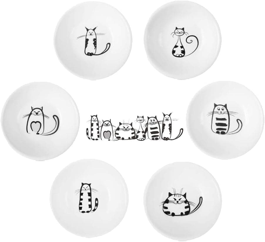 BigNoseDeer Super Cute Cat Ceramic Sauce Dish,Teabag Holder Dish,Condiment Dishes,Jewelry Holder,Sushi Soy Dipping Bowl,Snack Serving Dishes,Meow Porcelain Small Saucer Set(Set of 6) (Sauce Dish)