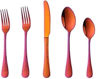 Silverware Set, 20 Piece Premium 18/8 Stainless Steel Hammered Kitchen Utensil Flatware Cutlery Sets of 4, Mirror Polish, Dishwasher Safe (20-Magic Red)