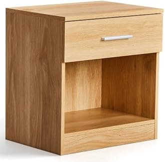 Karl home Bedside Table for Bedroom, Modern Natural End Table with 1 Drawer & Shelf, Wood Nightstand for Bedroom, End Table for Living Room near Sofa, Side Table, Metal Handle