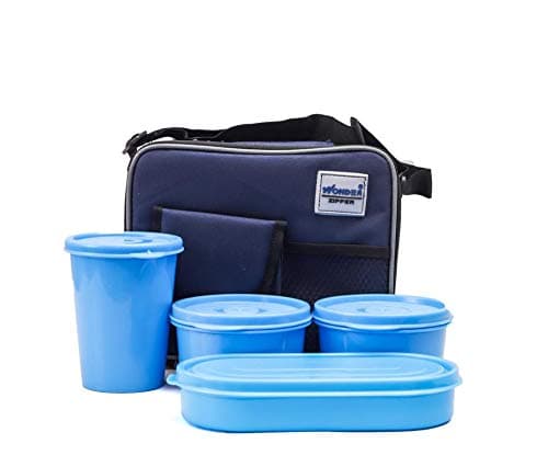 Wonder Zipper 4 in 1 Microwave Safe Leak Proof Big Lunch Box Set with Bag, Set of 3 Containers & 1 Glass, Blue Color, Made in India