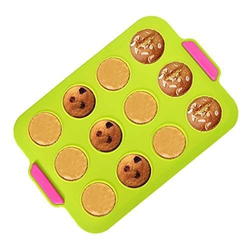 KeepingcooX Silicone Mini Muffin Baking Pan - Nonstick & Quick Release Coating Pudding Mold, Green Silicone with Pink Textured Grips, 12 Holes