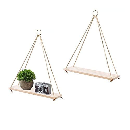 Miukada Rustic Wood Hanging Shelves, Floating Shelf with Swing Rope and Hanger Ring(2 Pack)