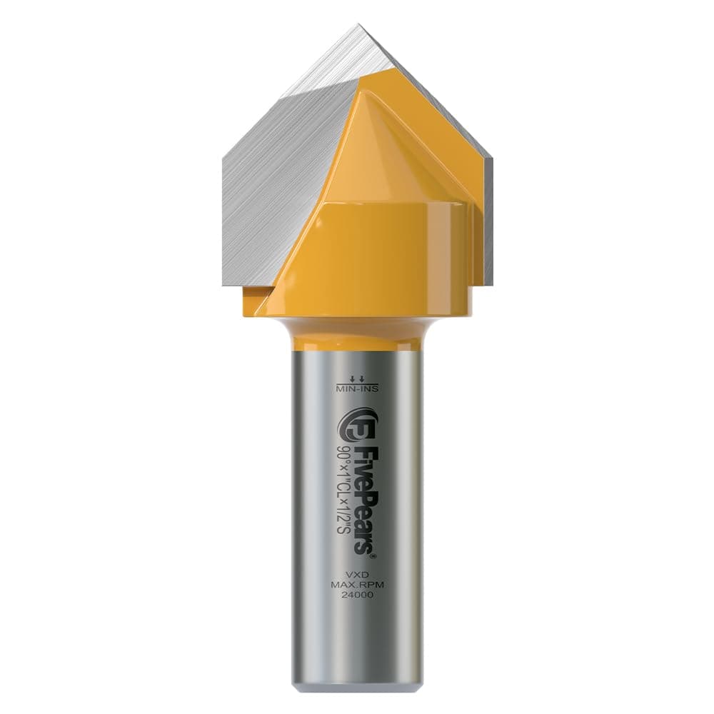 FivePears V Groove Router Bit 90 Degree 1/2 inch Shank, 1 inch Cutting Diameters, Carbide CNC Engraving V Router Bit for Signmaking, Lettering, Woodworking Door Carving