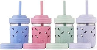 Kids & Toddler Cups | The Original Glass Mason Jars 8 oz with Silicone Sleeves & Silicone Straws with Stoppers | Smoothie Cups | Spill Proof Sippy Cups for Toddlers | 4 Pack