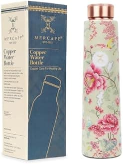 MERCAPE® - 100% Pure Joint Less Copper Bottles for Water with Leak Proof Lid | Ayurveda BPA Free & Non Toxic | Ayurvedic Office | Flower Print Bottle | Hiking Treking Bottle - 950ml
