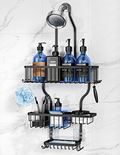 YASONIC Never Rust Shower Caddy Hanging Organizer - Aluminum Over-the-Showerhead Rack With 10 Hooks for Razor/Sponge and Soap Basket - Black
