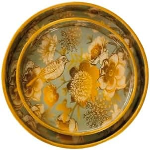 DULI Set of 2 MDF Wood Trays Enamel Coated| Round Trays Set of 2 | Serving Trays | Wooden Tray | Kitchen&Dining Decorative | Resin Tray | Handmade | 7x7 & 9x9 inches (Setof2Round- GreyGoldBirds)