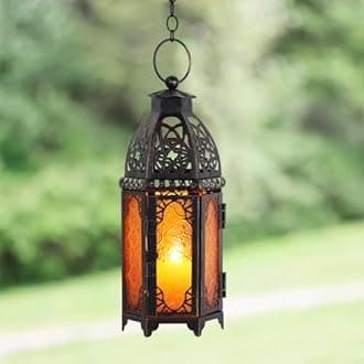 NEEDOMO Halloween Decorations, Hanging Moroccan Lantern, 11'' Vintage Candle Holder, Metal Lanterns Decorative Indoor Outdoor, Table, Patio, Porch, Shelf, Gothic Home Decor (Amber, Medium Size)
