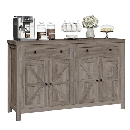 HOSTACK 55" Buffet Sideboard Cabinet with Storage, Modern Farmhouse Coffee Bar with Drawers and Shelves, Barn Door Storage Cabinet for Kitchen, Living Room, Ash Grey