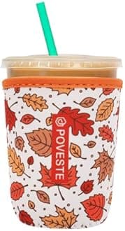 Reusable Neoprene Insulator Sleeve for Iced Coffee & Cold Soda, Coffee Sleeves for Iced & Hot Drinks, Cold Beverage Cooler Compatible with Starbucks, Dunkin (Fall Leave, Small: 16-18oz)