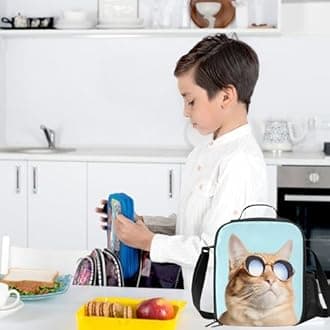 Sunglasses Cat Lunch Box - Insulated Lunch Box for Kids Funny 3D Design with Side Pocket & Shoulder Strap Lunch Bag Perfect for School/Camping/Hiking/Picnic/Beach/Travel