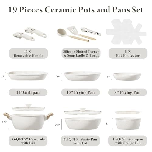 19 Pcs Pots and Pans Set Non Stick Ceramic Cookware Set with Removable Handles, Non Toxic Induction Kitchen Cookware Sets RV Cookware,Dishwasher/Oven Safe PFAS/PTFE/PFOA Free Cream White