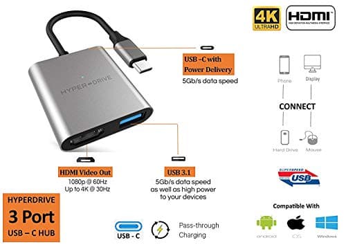 HYPERDRIVE 3 in 1 USB C to HDMI 4K30Hz + USB A + Charge (max 60W) Adapter, Type C to HDMI Video + USB A Port Converter for MacBook, iPad, PC, Tablet and Mobile with USB C Port