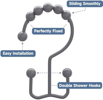 Titanker Shower Curtain Hooks Rings, Rust-Resistant Metal Double Glide Shower Hooks for Bathroom Shower Rods Curtains, Set of 12 Hooks - Neutral Gray