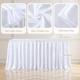 4FT White Satin Tablecloths for Rectangle Tables - Shiny Spandex Party Table Cover with Pleated Table Skirt, No-Wrinkle & Glossy Wedding Tablecloth One-Piece for Birthday Baby Shower Banquet Ceremony