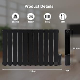 1800W Electric Oil Filled Radiators Wall Mounted Electric Heater 11 Fins Energy Efficient Electric Radiators with 7 Days/24H Timer and Thermostat,LED Display & Safe Lock for Home Use,Black