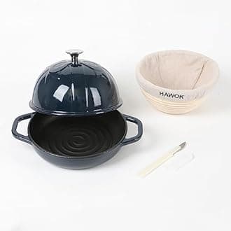 HAWOK Cast Iron Bread Cloche, Dia. 7.8inch/20cm, with Proofing Basket and Dough Scoring Knife, Sourdough Baking Pan Enameled Navy Blue