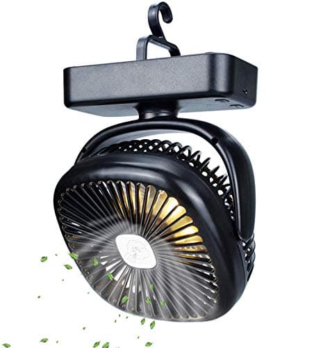 TOMNEW Portable Camping Fan with LED Lights, USB with 5000 mAh Battery Powered, Tent Fan Lights/Personal USB Desk Fan with Hook for Camping,Office,Bedroom
