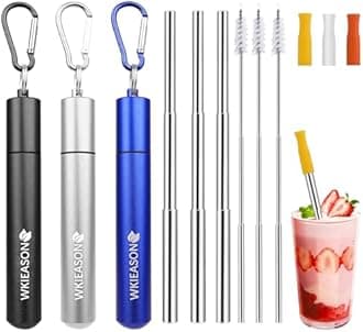 WKIEASON 3 Pack Portable Metal Drinking Straws Collapsible Stainless Steel Straws Telescopic Reusable Straw with Aluminum Key-Ring Case & Cleaning Brush and Silicone Tips for Travel Home Work