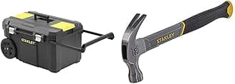 STANLEY Rolling Toolbox Chest with Heavy Duty Metal Latch, 2 Lid Organisers for Small Parts, Portable Tote Tray for Tools, STST1-80150 & STHT0-51310 20oz Fiberglass Curved Claw Hammer, 570g
