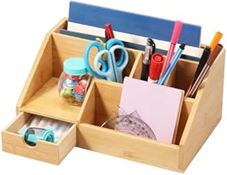MENIBBLER Bamboo Desk Organizer with Drawer and Compartment Storage Shelf Rack Stackable Wood Storage Boxes for Home Office