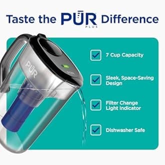 PUR Plus 7-Cup Water Pitcher, 1 Lead-Reducing Filter, Cleaner, Great-tasting Water, Dishwasher Safe, Powerful Filtration, Filter Change Light Indicator, LockFit Cap Design - Smoke