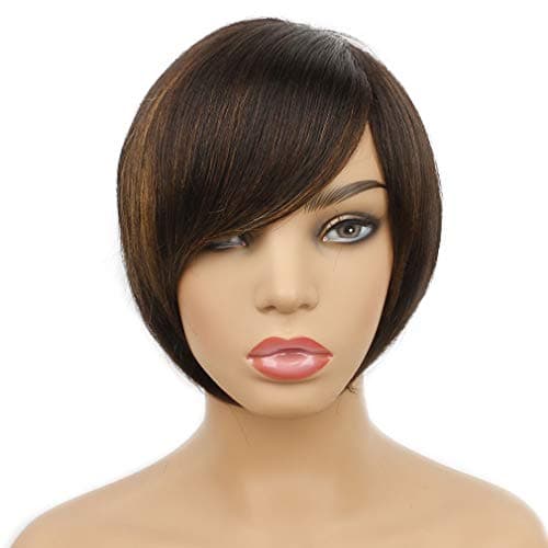Goldfinch Straight Short Pixie Cut Wig Human Hair Layered Bob Short Wigs with Bangs Highlight Brown Virgin Hair Wig 6 Inches